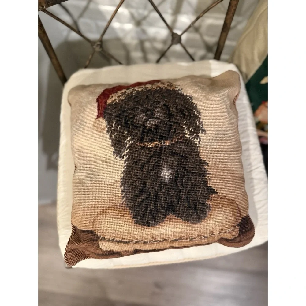 Vintage Black Poodle Dog Needlepoint Pillow 14
